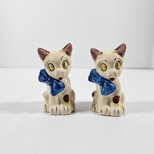 Ceramic Cat Salt and Pepper Shakers Vintage Japan Big Eye Blue Bow Kitsch Set